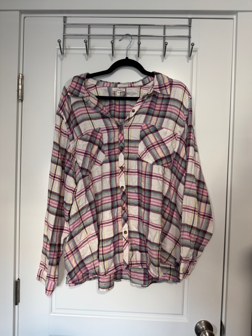 Maurices Plaid Button-Up Shirt in Cream, Pink & Teal Stripes